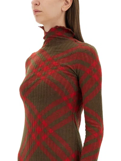 Burberry Check Wool Blend Dress In Burgundy