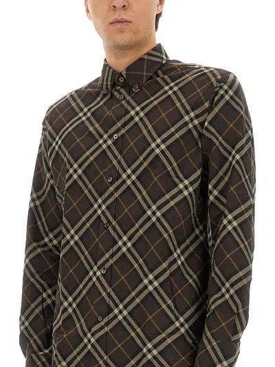 Burberry Long Sleeve Button-down Shirt With Plaid Design In Brown