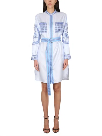 Burberry Checkered Silk Chemisier Dress With Belted Waist And Long Sleeves In White