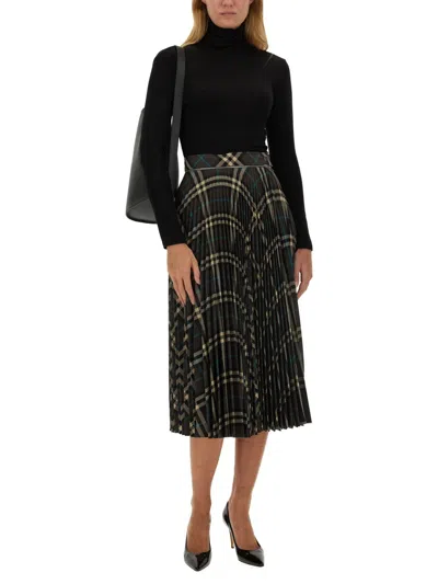 Burberry Women Long Multicolor Pleated Skirt With Check Motif In Wool Blend Woman In Multi
