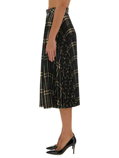 Burberry Women Long Multicolor Pleated Skirt With Check Motif In Wool Blend Woman In Multi