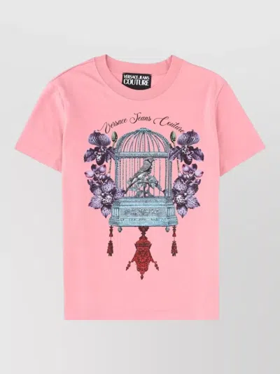 Versace Jeans Couture Crew Neck Graphic Print Short Sleeve Top In Multi