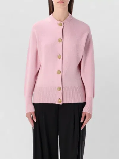 Balmain Cardigan Knit Long Sleeves Ribbed Trims In Pink
