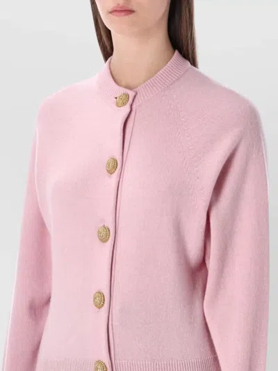 Balmain Cardigan Knit Long Sleeves Ribbed Trims In Pink