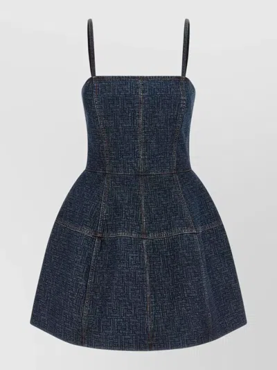 Fendi Ff Denim Dress Fitted Bodice Straps In Blue