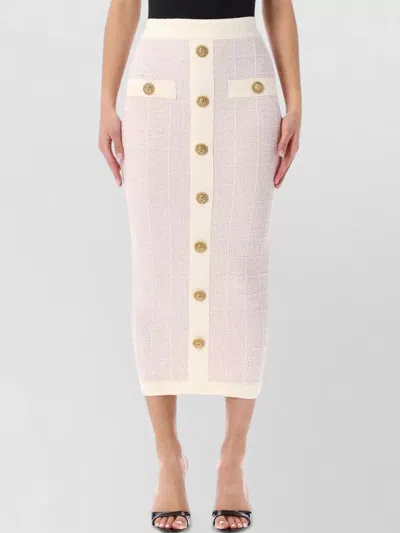 Balmain Tweed Skirt High Waist Gold Tone Buttons In White
