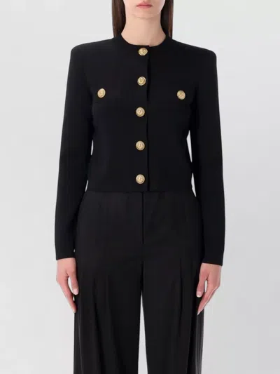 Balmain Cropped Cardigan Round Neck Long Sleeves Pockets In Black