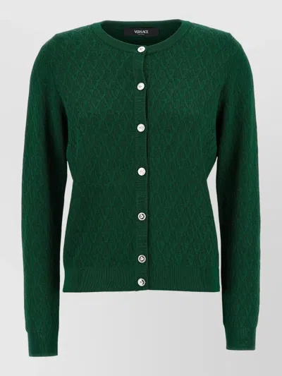 Versace Knit Cardigan V Neckline Textured Pattern In Gray
