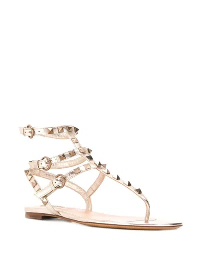 Valentino Rockstud Leather Cage Flat Thong Sandals In Neutral