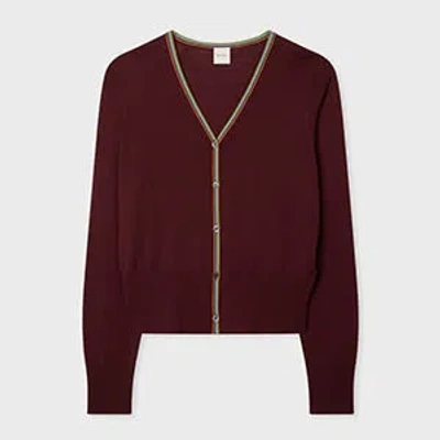 Paul Smith Women's Burgundy Merino 'signature Stripe' Trim Cardigan Red In Burgundy
