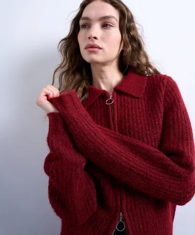 Topshop Knit Collar Zip Ring Cardigan In Brown