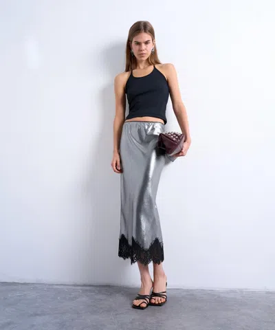 Topshop Women's Metallic Lace Hem Midi Skirt In Silver