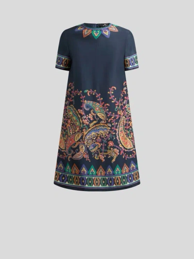 Etro Women Blue Paisley-print Habotai Silk Tunic Short Dress In Multi