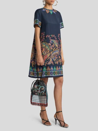 Etro Women Blue Paisley-print Habotai Silk Tunic Short Dress In Multi