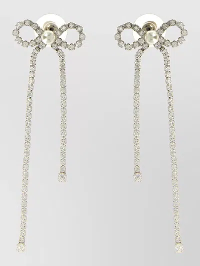 Self-portrait Crystal Bow Long Drop Pearl Earrings In Metallic