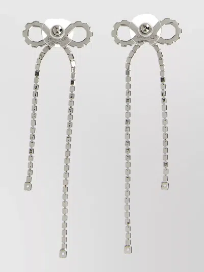 Self-portrait Crystal Bow Long Drop Pearl Earrings In Metallic
