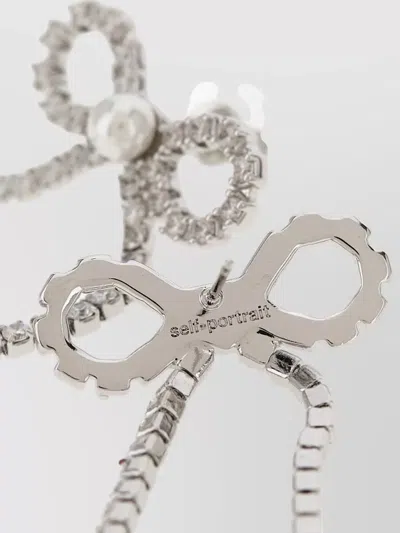 Self-portrait Crystal Bow Long Drop Pearl Earrings In Metallic