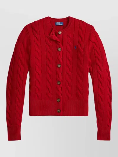 Ralph Lauren Cable Knit Cardigan Long Sleeves Ribbed Trims In Red