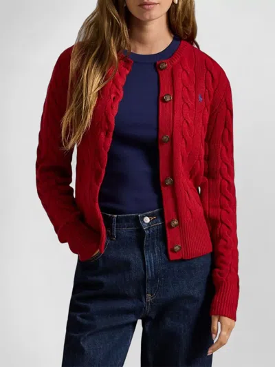 Ralph Lauren Cable Knit Cardigan Long Sleeves Ribbed Trims In Red