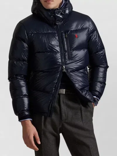 Ralph Lauren Hooded Quilted Bomber Jacket Zip Pockets In Blue