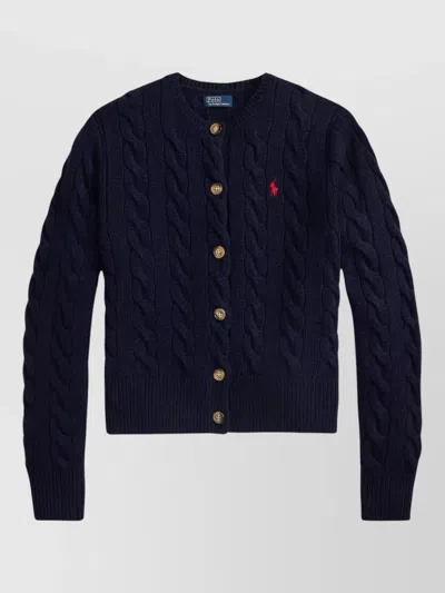 Ralph Lauren Crew Neck Cable Knit Long Sleeve Cardigan In Blue
