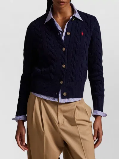 Ralph Lauren Crew Neck Cable Knit Long Sleeve Cardigan In Blue