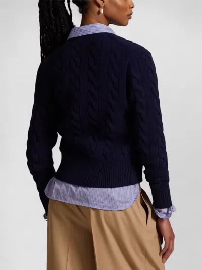 Ralph Lauren Crew Neck Cable Knit Long Sleeve Cardigan In Blue