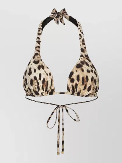 Dolce & Gabbana Animal Print Halter Bikini Top Bow Detail In Brown