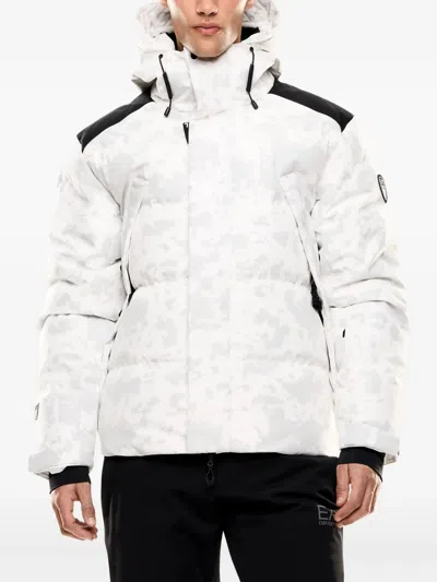 Ea7 Camouflage-print Hooded Down Jacket In White