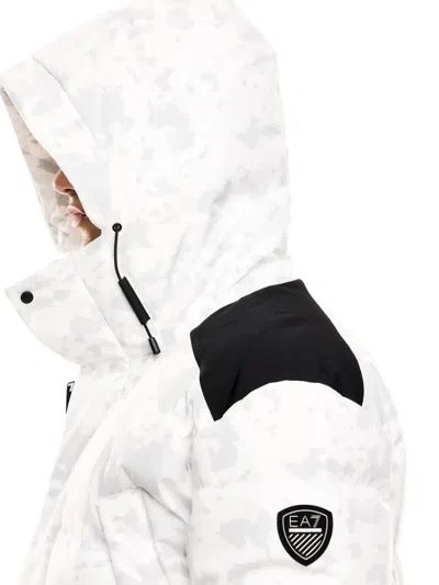 Ea7 Camouflage-print Hooded Down Jacket In White