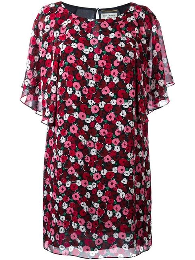 Saint Laurent Georgette Dress In Red, Floral. In Black Fuchsia & Rouge