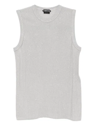 Tom Ford Sequined Crew Neck Sleeveless Ribbed Top In Gray