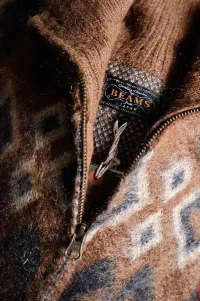 Pre-owned Beams Zip Knit Blouson Geometric 5g Brown