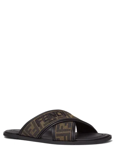 Fendi Double Crossed Band Logo Slides With Jacquard Ff Design In Black