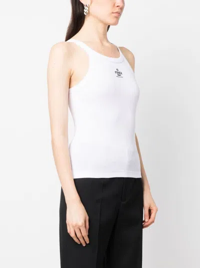Fendi Women White Ribbed Tank Top With Contrasting Logo Embroidery In Stretch Cotton Woman In White