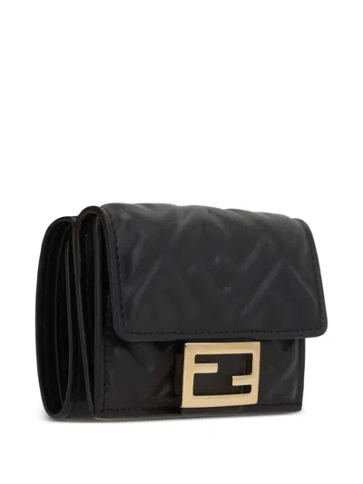Fendi Micro Tri-fold Wallet Baguette In Leather In Black