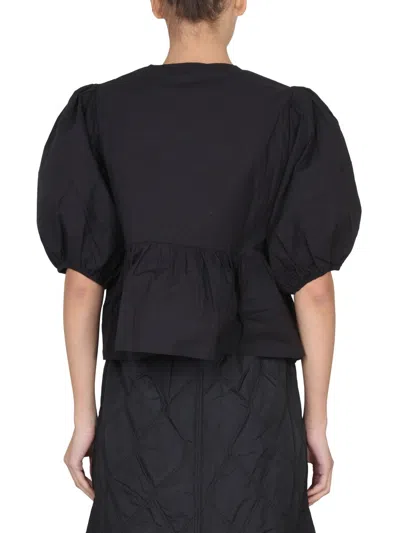 Ganni Poplin Front-tie Peplum Blouse With Puffed-sleeves In Black