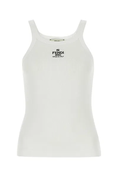 Fendi Women White Ribbed Tank Top With Contrasting Logo Embroidery In Stretch Cotton Woman In Neutral