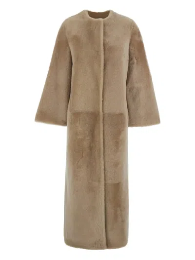Yves Salomon Round-neckline Concealed-fastening Coat In Neutral
