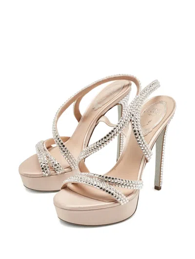 Pre-owned René Caovilla Lisa Platform Crystal Sandals In Neutral