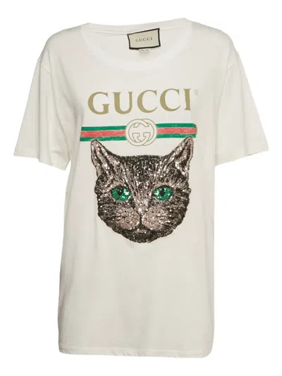 Pre-owned Gucci Appliqué-jewelled T-shirt In Neutral