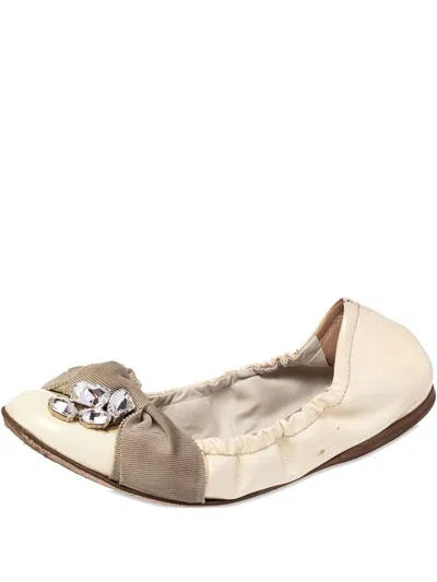 Pre-owned Miu Miu Crystal-embellishment Ballet Flats In Neutral