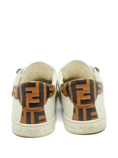 Pre-owned Fendi Pearland Buckle-strap Leather Sneakers In White