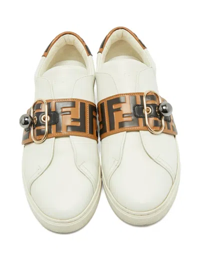 Pre-owned Fendi Pearland Buckle-strap Leather Sneakers In White