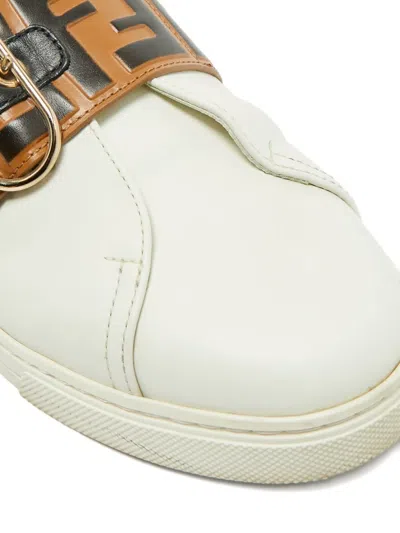 Pre-owned Fendi Pearland Buckle-strap Leather Sneakers In White