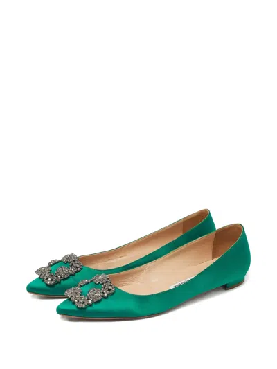 Pre-owned Manolo Blahnik Hangisi Satin Ballet Flats In Green
