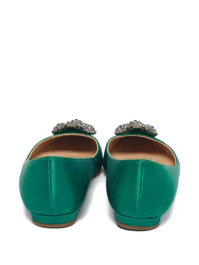 Pre-owned Manolo Blahnik Hangisi Satin Ballet Flats In Green