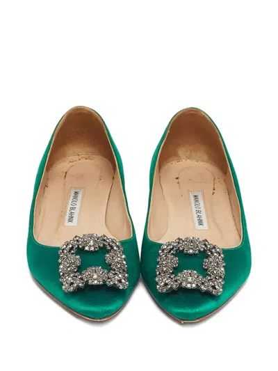 Pre-owned Manolo Blahnik Hangisi Satin Ballet Flats In Green