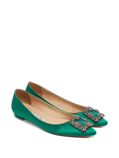 Pre-owned Manolo Blahnik Hangisi Satin Ballet Flats In Green