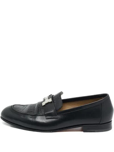 Pre-owned Hermes Crocodile-effect Leather Loafers In Black